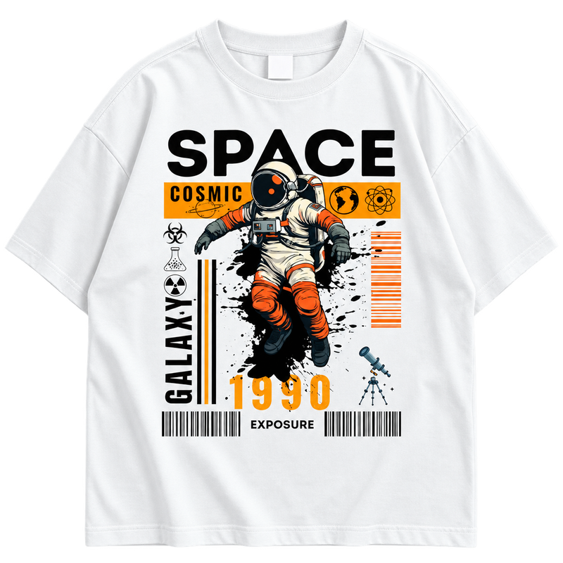 Space Galaxy Astronaut Graphic Drop Shoulder T-Shirt – White Oversized Streetwear Tee