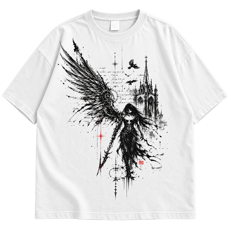 Angel Wing Graphic Drop Shoulder T-Shirt – White Oversized Streetwear Tee
