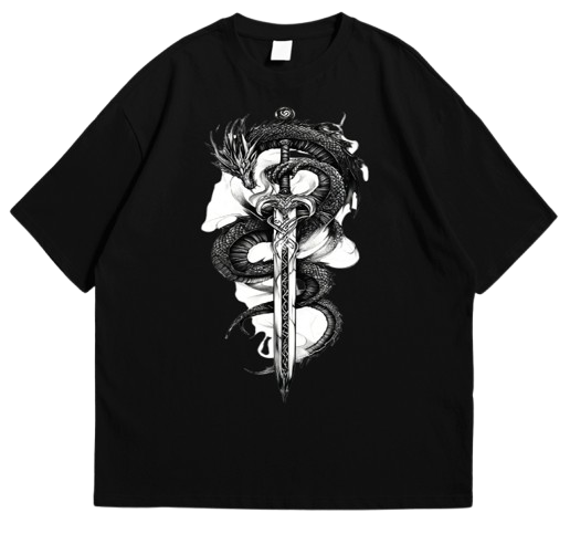 Dragon Sword Graphic Drop Shoulder T-Shirt – Black Oversized Streetwear Tee