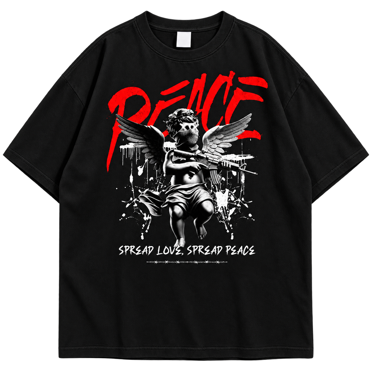 Peace Angel Graphic Drop Shoulder T-Shirt – Black Oversized Streetwear Tee