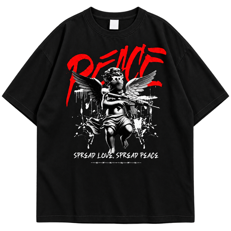 Peace Angel Graphic Drop Shoulder T-Shirt – Black Oversized Streetwear Tee
