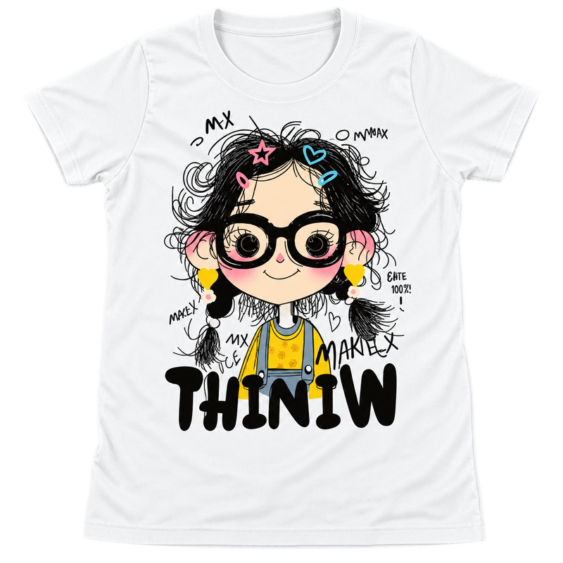 Thinkin Cute Cartoon Girl Graphic T-Shirt