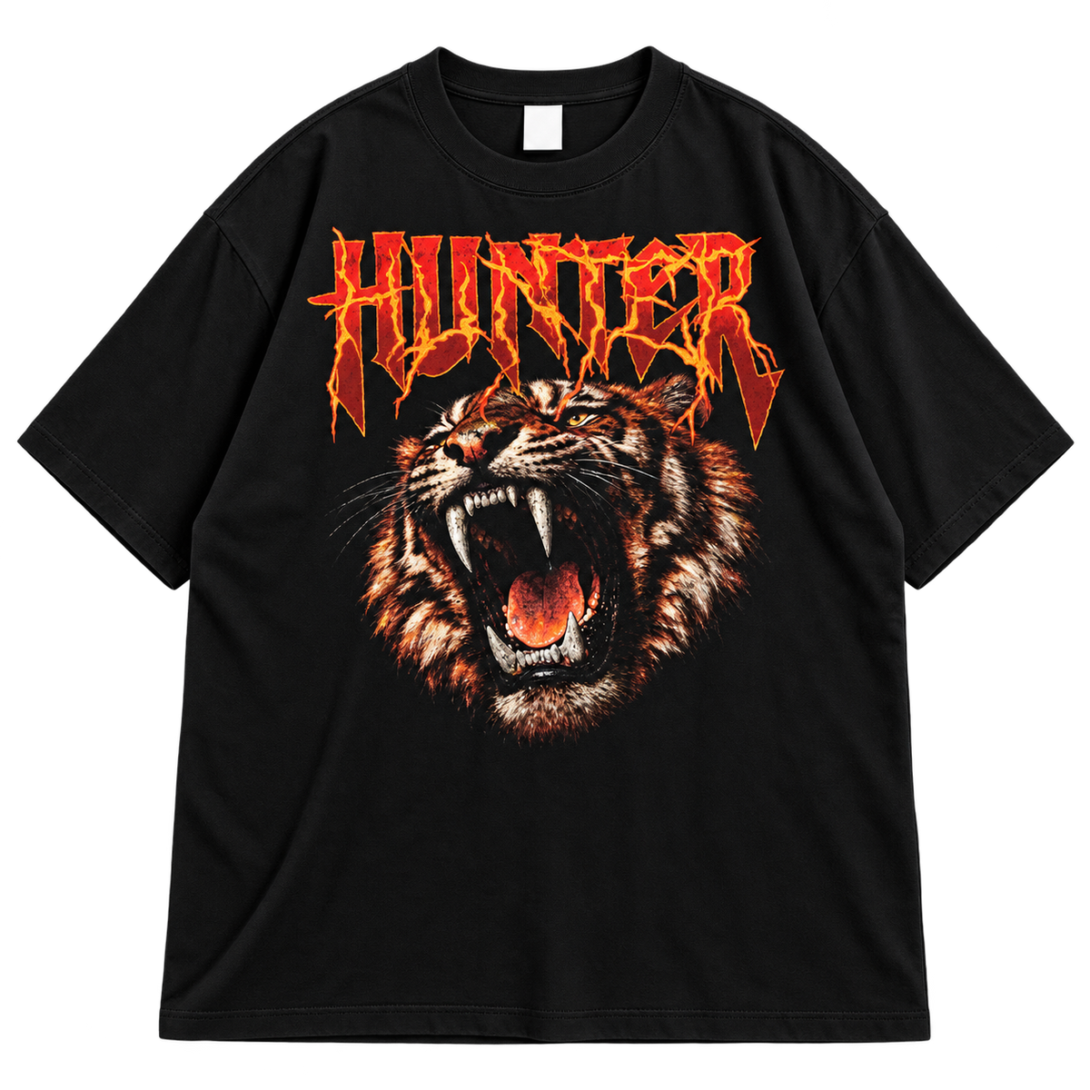 Hunter Tiger Graphic Drop Shoulder T-Shirt – Black Oversized Streetwear Tee