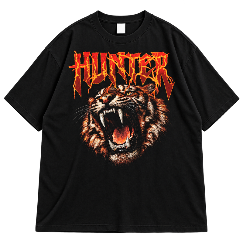 Hunter Tiger Graphic Drop Shoulder T-Shirt – Black Oversized Streetwear Tee