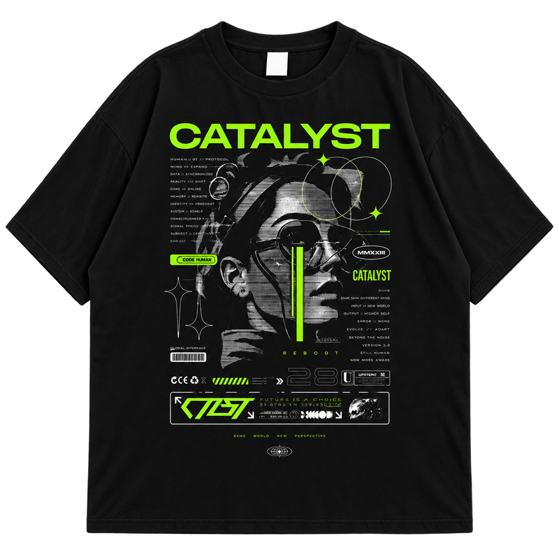 Catalyst Tech Graphic Drop Shoulder T-Shirt – Black Oversized Streetwear Tee