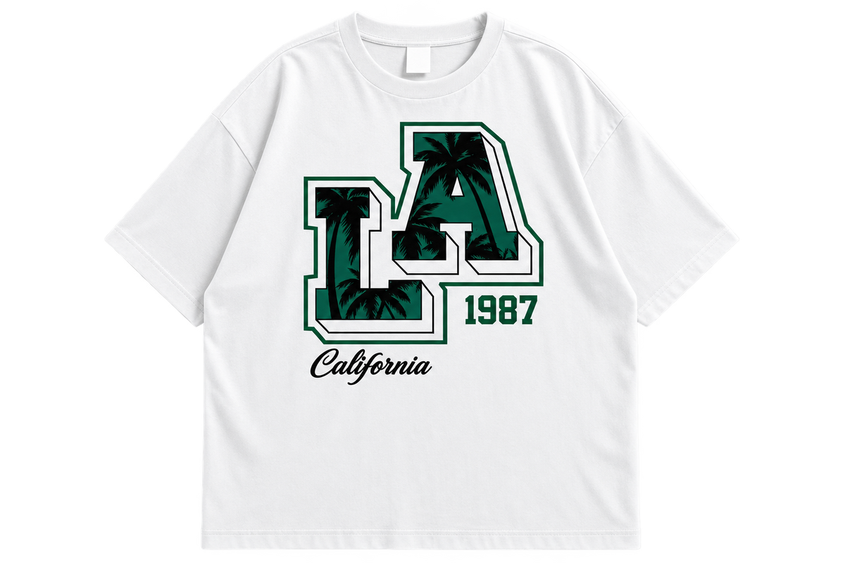 LA California 1987 Graphic Drop Shoulder T-Shirt – White Oversized Streetwear Tee