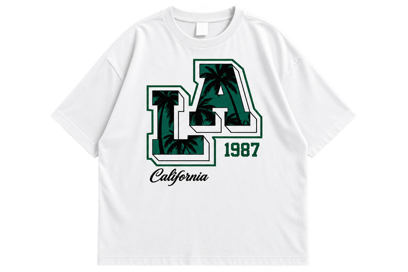 LA California 1987 Graphic Drop Shoulder T-Shirt – White Oversized Streetwear Tee