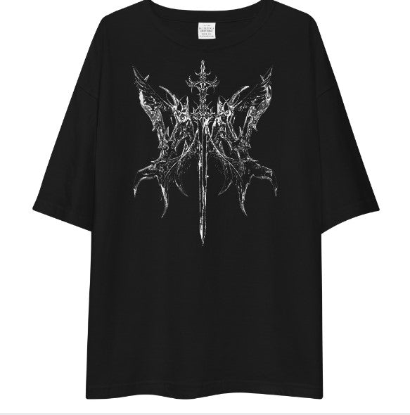 Dark Angel Sword Oversized Graphic T-Shirt – Premium Black Gothic Streetwear Tee | 170–180 GSM
