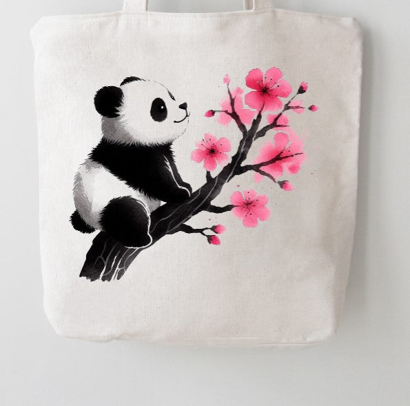 Panda Cherry Blossom Canvas Tote Bag | White 100% Cotton | Cute Sakura Watercolor Art | Pre-Shrunk Eco Bag