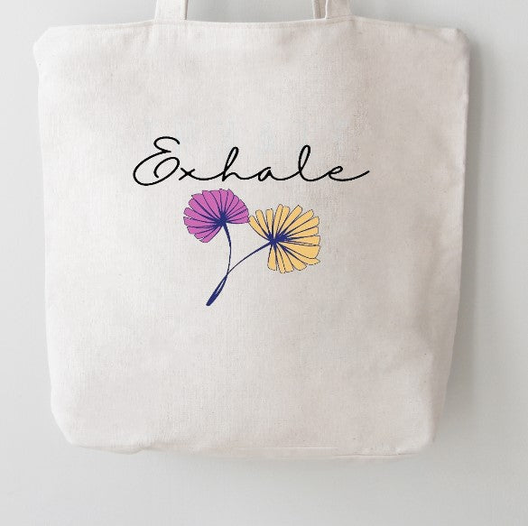 Exhale Minimalist Floral Canvas Tote Bag | White 100% Cotton | Wellness Self-Care Yoga Bag | Pre-Shrunk