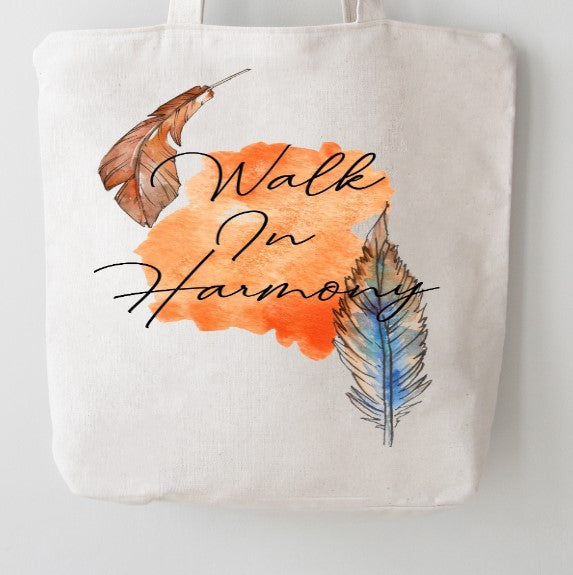 Walk In Harmony Feather Canvas Tote Bag | White 100% Cotton | Boho Watercolor Eco Bag | Pre-Shrunk
