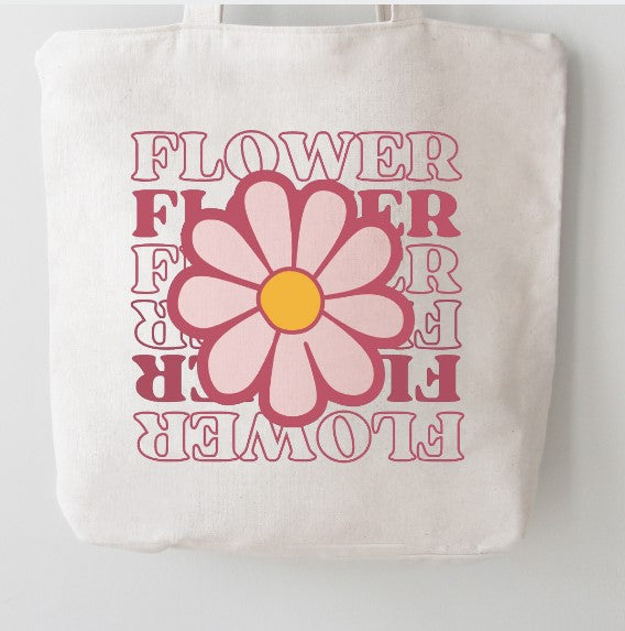 Retro Groovy Flower Canvas Tote Bag | White 100% Cotton Reusable Bag | 70s Hippie Daisy Aesthetic | Pre-Shrunk