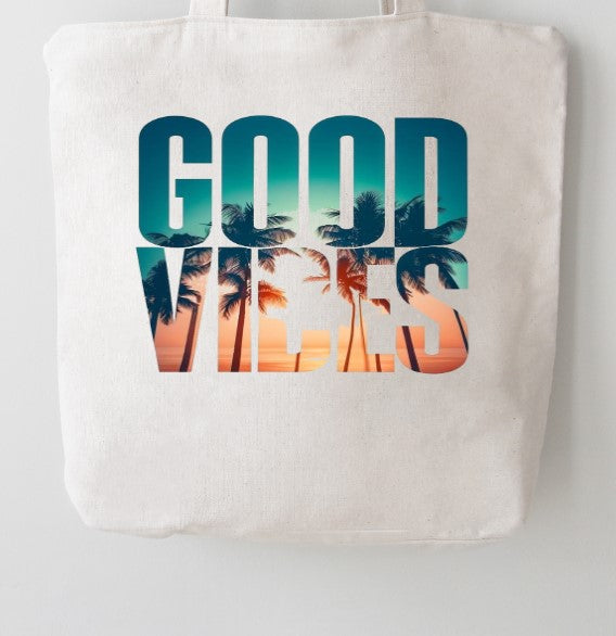Good Vibes Tropical Sunset Canvas Tote Bag | White 100% Cotton Reusable Bag | Beach Summer Vacation | Pre-Shrunk