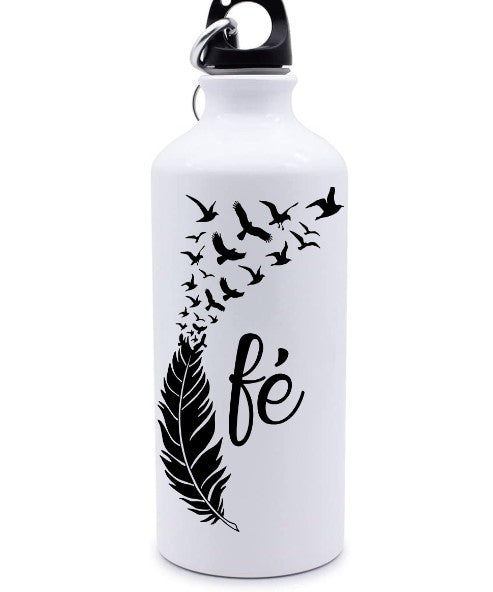 Fé Faith Feather Birds Laser Engraved Water Bottle | White Metal Travel Flask | Spiritual Eco-Friendly Hydration | Permanent Print