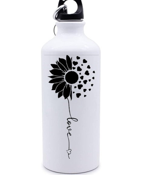 Sunflower Love Hearts Laser Engraved Water Bottle | White Metal Travel Flask | Romantic Eco-Friendly Hydration | Permanent Print