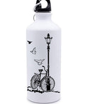 Vintage Bicycle Street Lamp Water Bottle | White Laser Engraved Metal Bottle | Urban Sketch Travel Flask | Eco-Friendly Hydration
