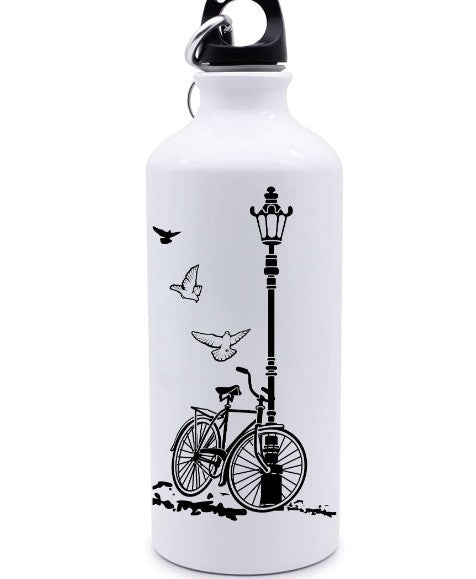 Vintage Bicycle Street Lamp Water Bottle | White Laser Engraved Metal Bottle | Urban Sketch Travel Flask | Eco-Friendly Hydration