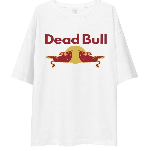 "Dead Bull" Energy Drink Parody Drop Shoulder Shirt | Funny Spoof Graphic Streetwear Tee – White
