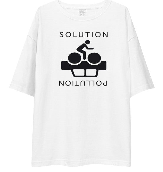 "Solution to Pollution" Cycling Graphic Drop Shoulder Shirt | Eco-Friendly Minimalist Streetwear Tee – White