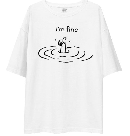"I'm Fine" Sarcastic Meme Drop Shoulder Shirt | Drowning Thumbs Up Graphic Tee – White