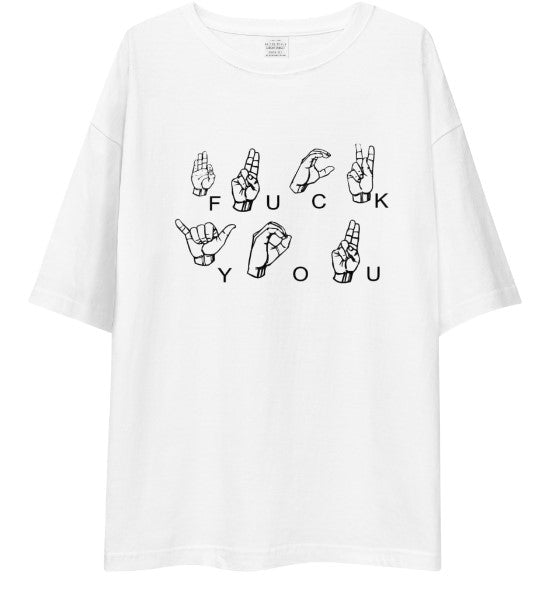 ASL Fingerspelling Bold Statement Drop Shoulder Shirt | Minimalist Sign Language Graphic Tee – White