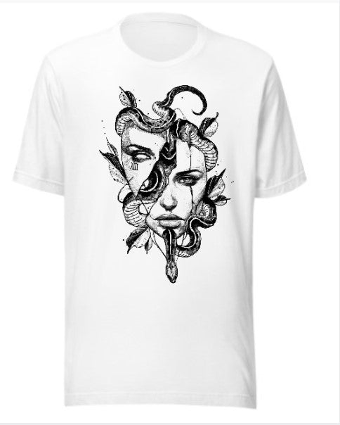 Medusa Serpent Goddess Graphic T-Shirt | 170GSM White Cotton-Polyester Tee | Gothic Tattoo Art Streetwear | Pre-Shrunk Unisex