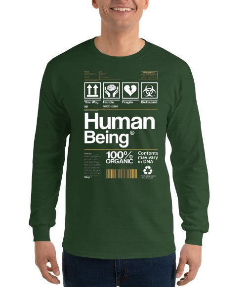 Human Being 100% Organic Product Label Long Sleeve T-Shirt | Green 170GSM Cotton-Polyester | Quirky Minimalist Streetwear | Pre-Shrunk