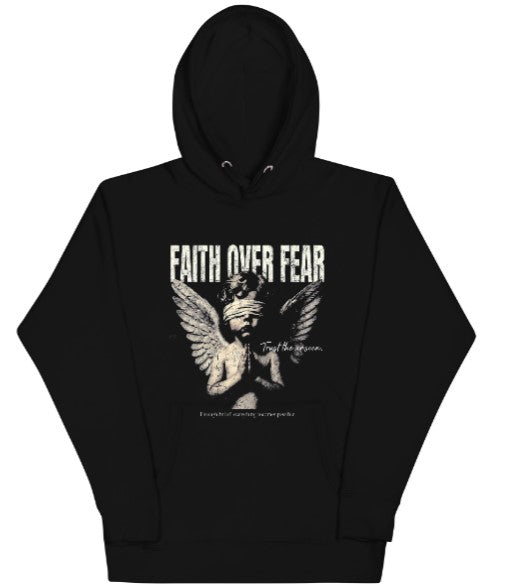Faith Over Fear Blindfolded Angel Hoodie | Black 270-280GSM Cotton-Polyester | Trust The Process Streetwear | Pre-Shrunk Unisex