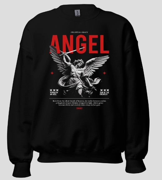 Celestial Grace Angel Crewneck Sweatshirt | Black 270-280GSM Cotton-Polyester | Archangel Michael Graphic Streetwear | Pre-Shrunk