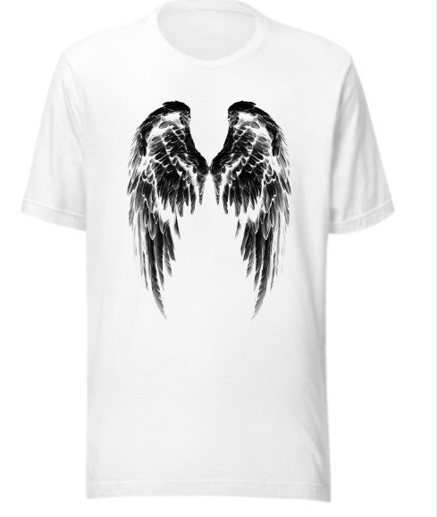 Angel Wings Graphic T-Shirt | White 170GSM Cotton-Polyester Tee | Spiritual Streetwear | Pre-Shrunk Unisex Biker Style