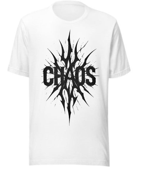 CHAOS Spiked Graphic T-Shirt | White 170GSM Cotton-Polyester Tee | Gothic Punk Streetwear | Pre-Shrunk Unisex