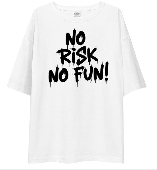 No Risk No Fun Graffiti Graphic Drop Shoulder-Shirt | White 170GSM Cotton-Polyester Tee | Oversized Streetwear | Pre-Shrunk Unisex