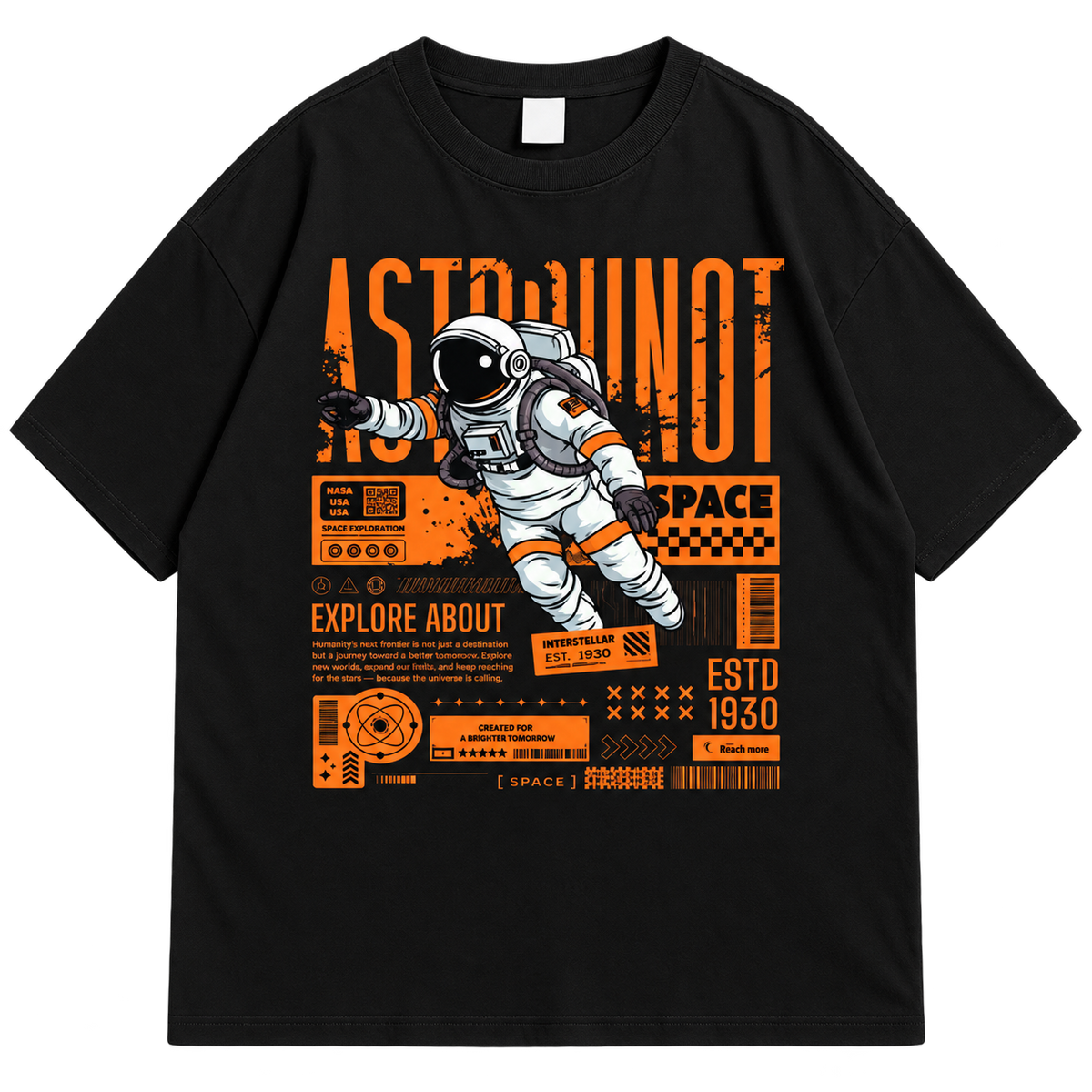 Astronaut Space Graphic Drop Shoulder T-Shirt – Black Oversized Streetwear Tee