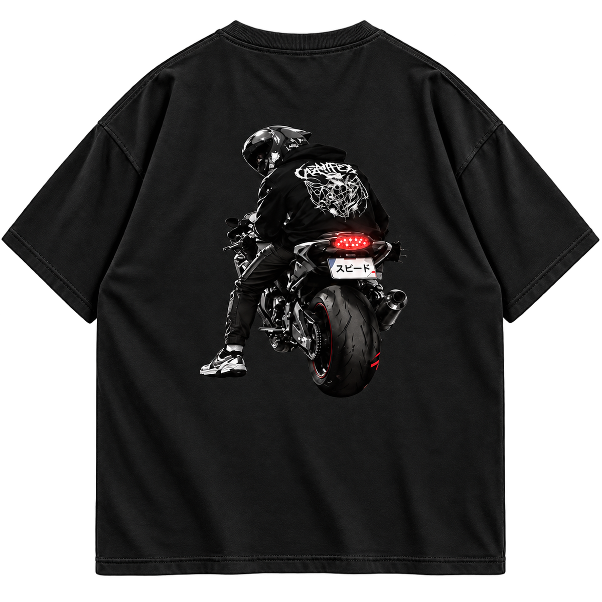 Japanese Samurai Motorcycle Graphic Drop Shoulder T-Shirt – Black Oversized Streetwear Tee